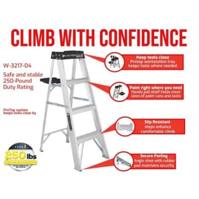 Sturdy, 250-pound weight capacity, safety ladder for professional and home use, with slip-resistant steps and secure rubber pads for enhanced safety and stability during tasks.