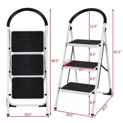 Versatile step ladder with three sturdy steps, ideal for reaching high shelves and cabinets in homes or offices, featuring a lightweight yet durable design.