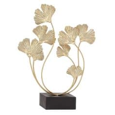 Elegant gold ginkgo leaf decorative sculpture with a black base, perfect for modern home or office decor, showcasing artistic craftsmanship and a sophisticated style.