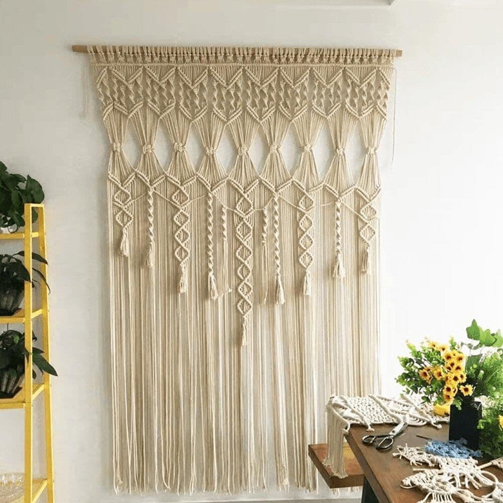 Beautiful handmade macrame wall art for home decor, featuring intricate knot patterns and tassels, perfect for creating a cozy, artistic ambiance in living rooms or bedrooms.