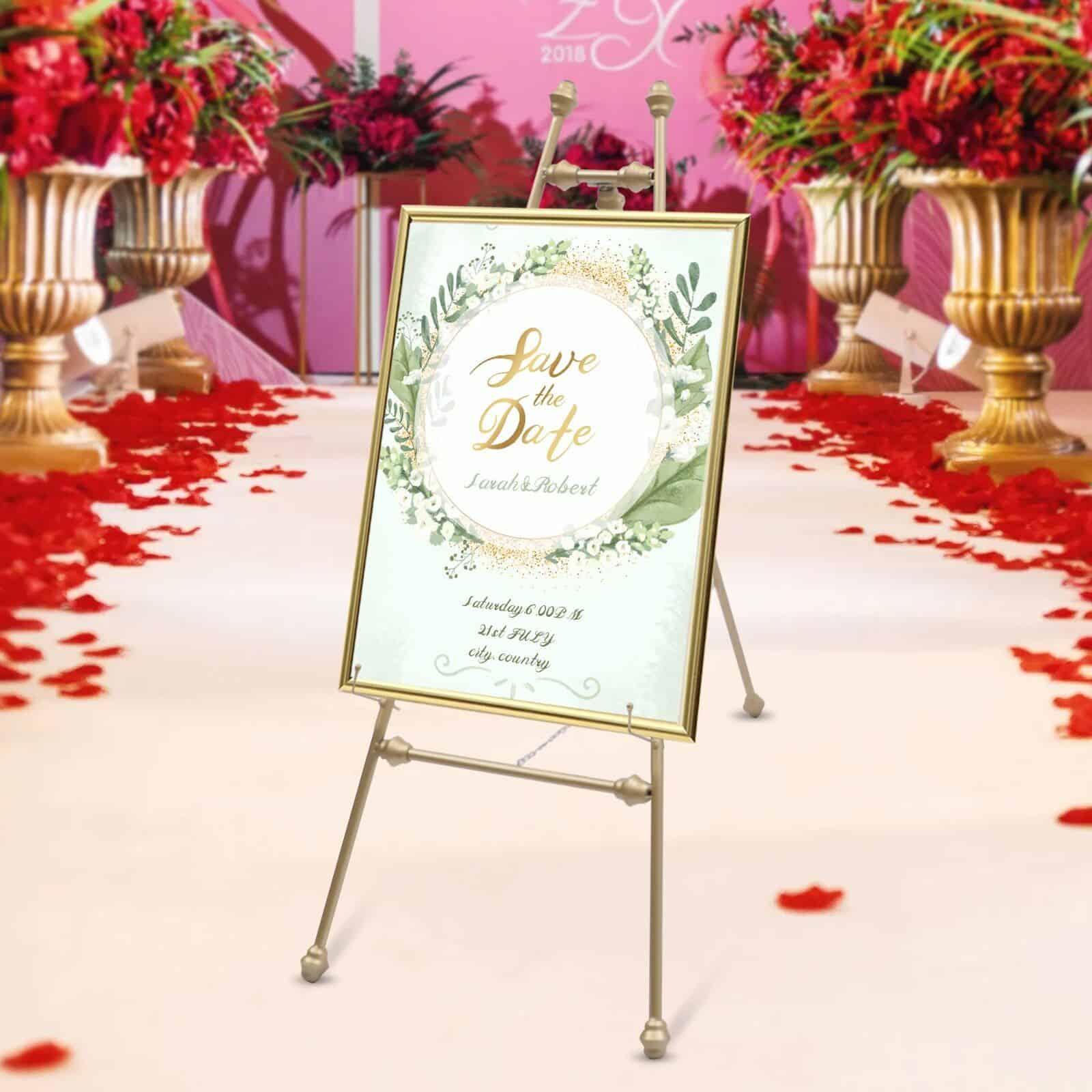 Elegant wedding sign at Monalisa Store, featuring floral accents and gold framing, perfect for wedding decor and bridal events. Ideal for creating a romantic and sophisticated atmosphere.