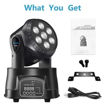 Versatile LED moving head stage light for professional lighting effects, perfect for events, concerts, and stage performances. Includes adjustable base, control panel, and mounting accessories for enhanced lighting control.