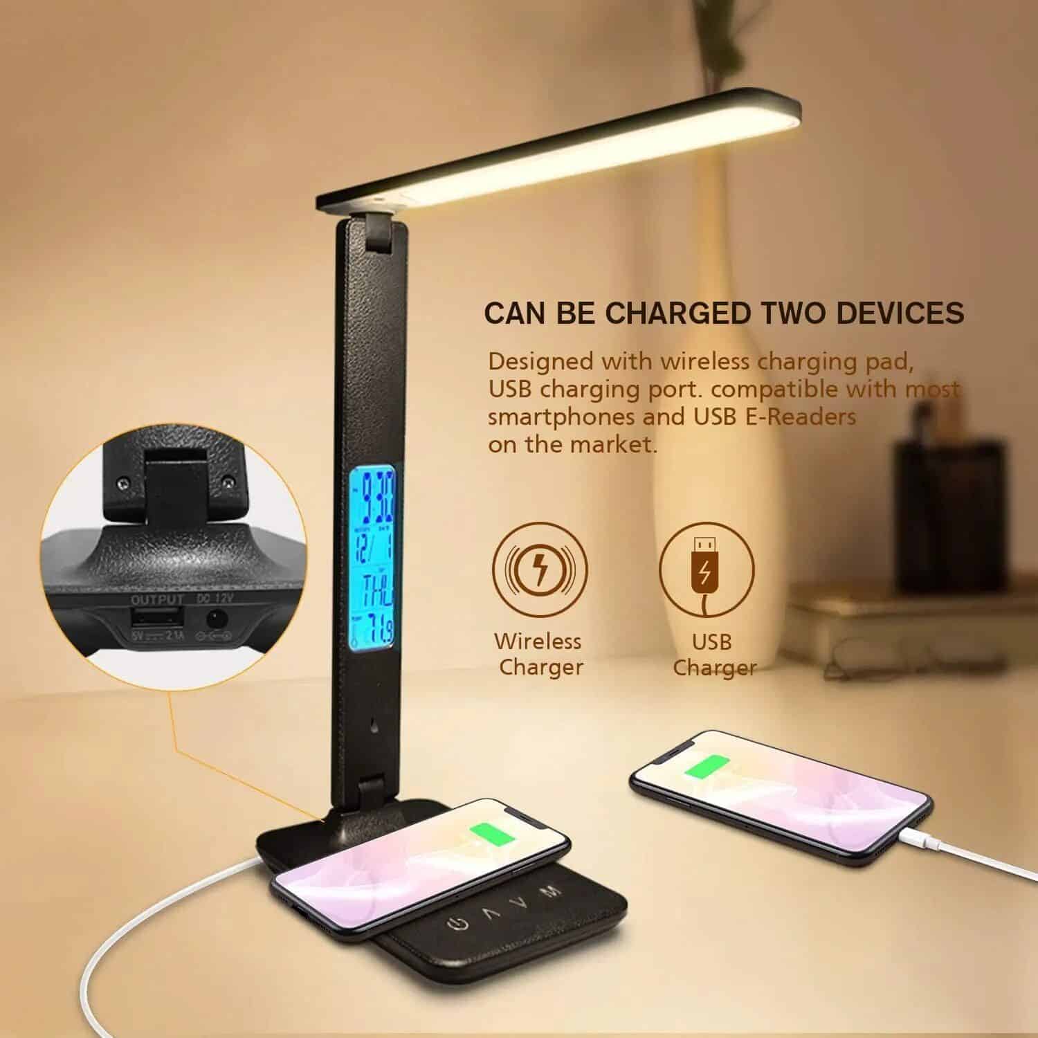 Wireless desk lamp with built-in USB and wireless charging pad for smartphones, ideal for medical offices and clinics, offers portable, efficient lighting and device charging solution.