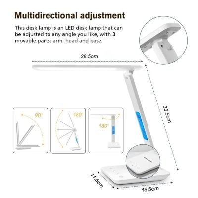 Adjustable LED desk lamp with arm, head, and base, perfect for office or study, offering flexible lighting angles. Modern, space-saving design ideal for enhanced productivity.