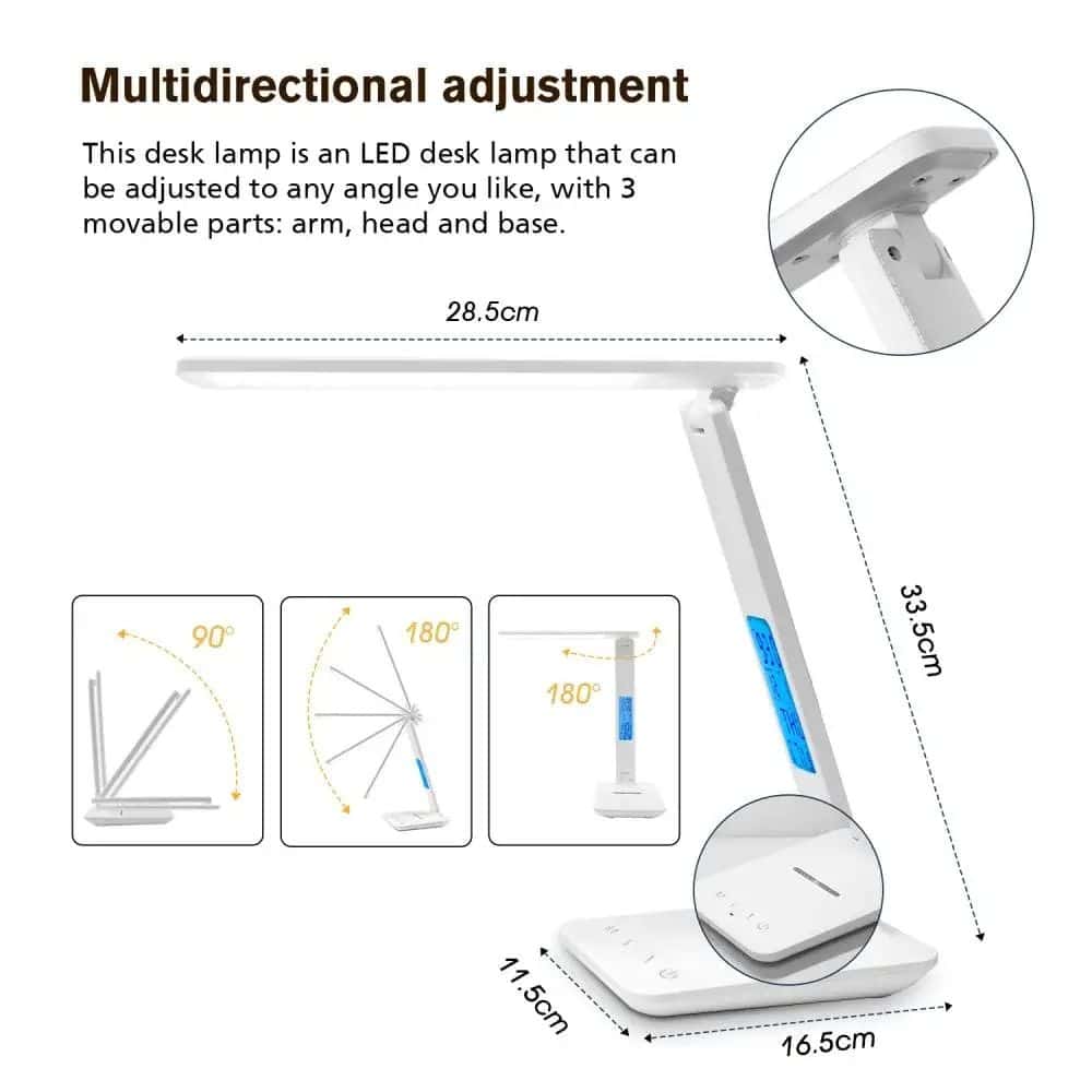 Adjustable LED desk lamp with arm, head, and base, perfect for office or study, offering flexible lighting angles. Modern, space-saving design ideal for enhanced productivity.