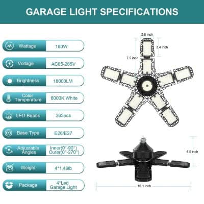 High-quality LED garage lighting with adjustable angles, 18000 lumens brightness, 180W power, suitable for workshops and garages.