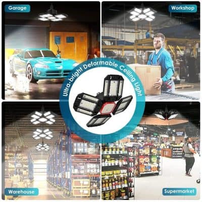 Energy-efficient, ultra-bright, adjustable LED ceiling light suitable for garage, workshop, warehouse, and supermarket lighting needs.