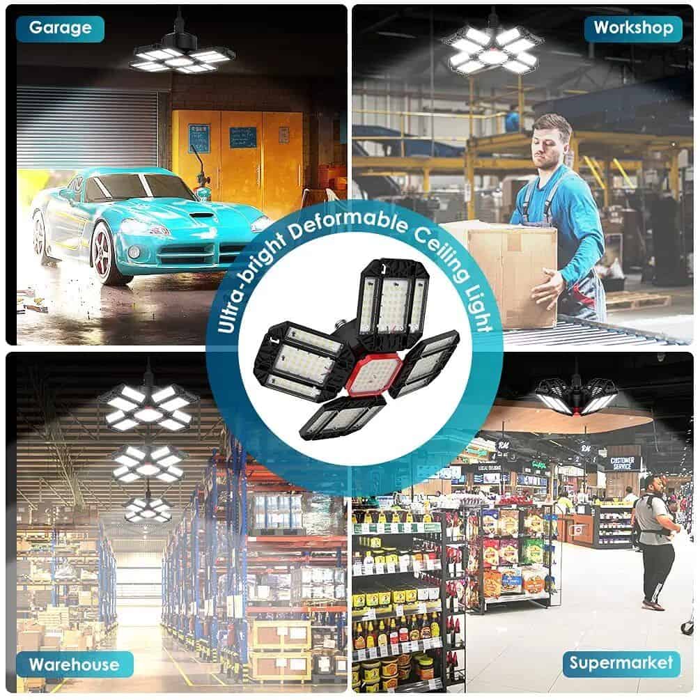 Energy-efficient, ultra-bright, adjustable LED ceiling light suitable for garage, workshop, warehouse, and supermarket lighting needs.