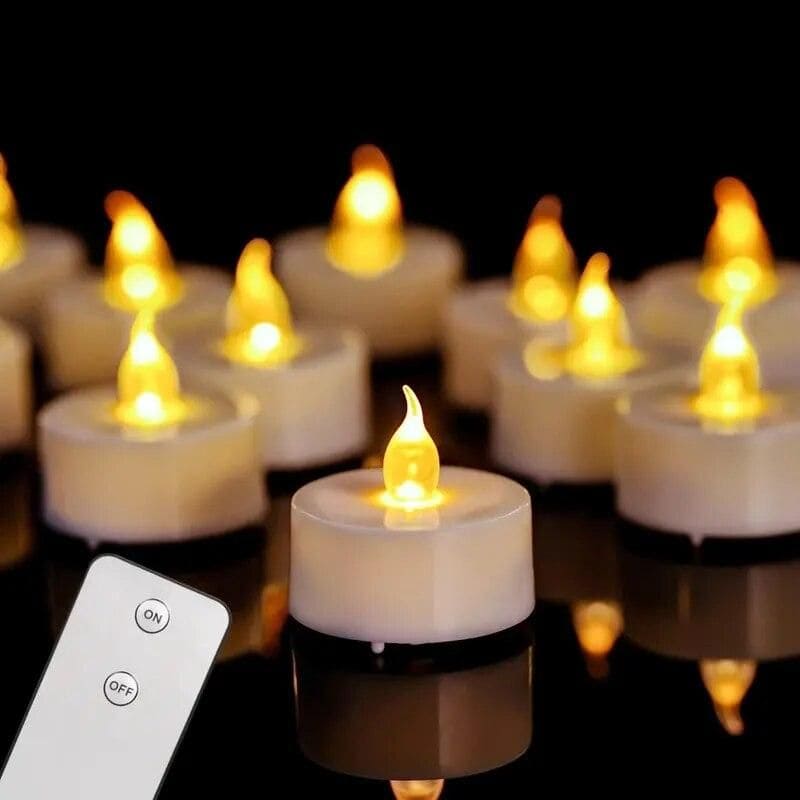 Wireless remote control for easy candle operation, flameless LED tealights with flickering flame effect, perfect for home decor, parties, weddings, or ambient lighting.
