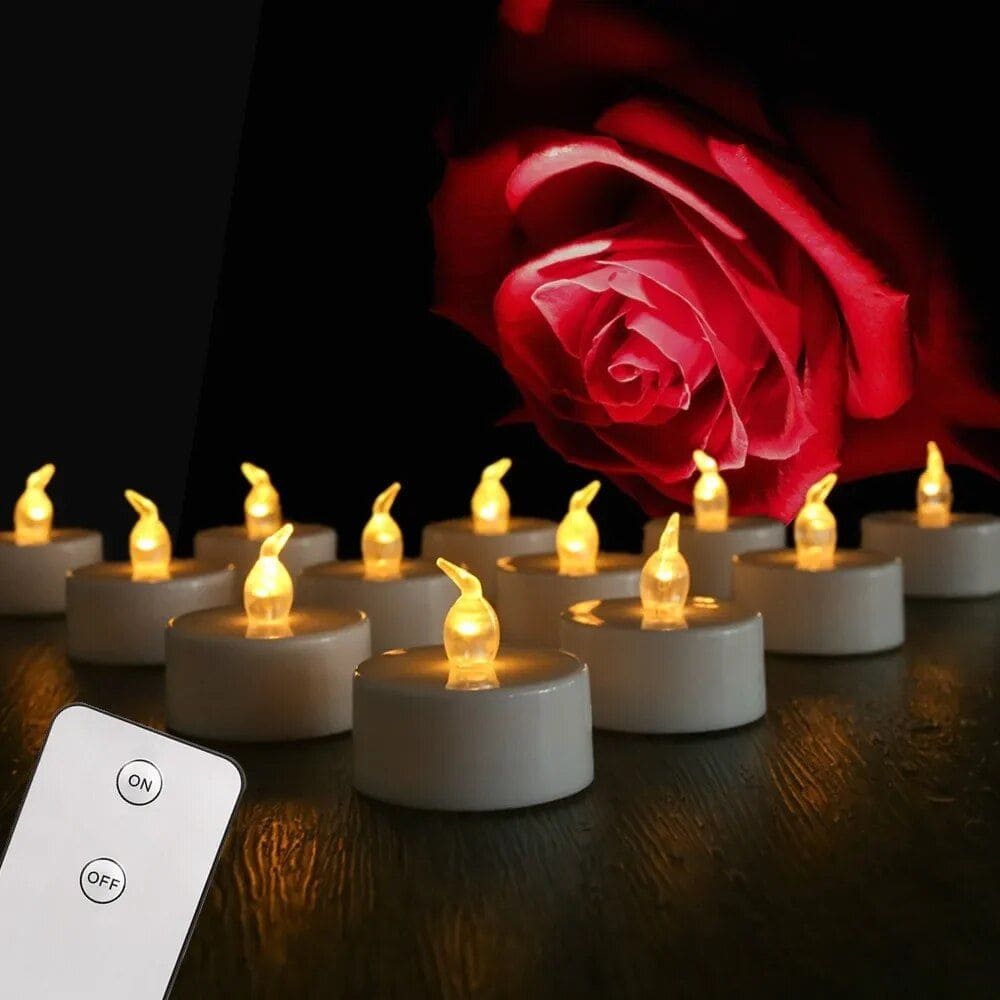 Romantic tea light candles creating a cozy ambiance, perfect for romantic settings or relaxing moments, with a stunning red rose in the background for a touch of elegance and love.