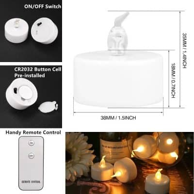 Versatile LED tealight candles with remote control, on/off switch, and pre-installed CR2032 button cell battery, perfect for home decor, events, and ambiance lighting.