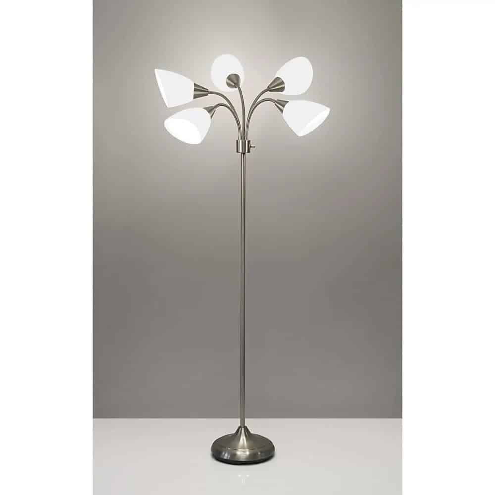 Elegant gray metal floor lamp with adjustable white glass lampshades, ideal for opt clinics, medical offices, and home healthcare lighting solutions.