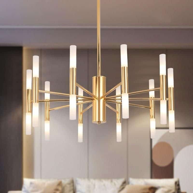 Modern gold chandelier with sleek white light fixtures, perfect for stylish home or office decor. Brightens spaces with contemporary elegance and premium quality lighting.