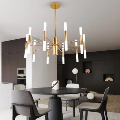 Elegant modern dining room chandelier with gold accents and multiple white light fixtures, perfect for contemporary home interiors.