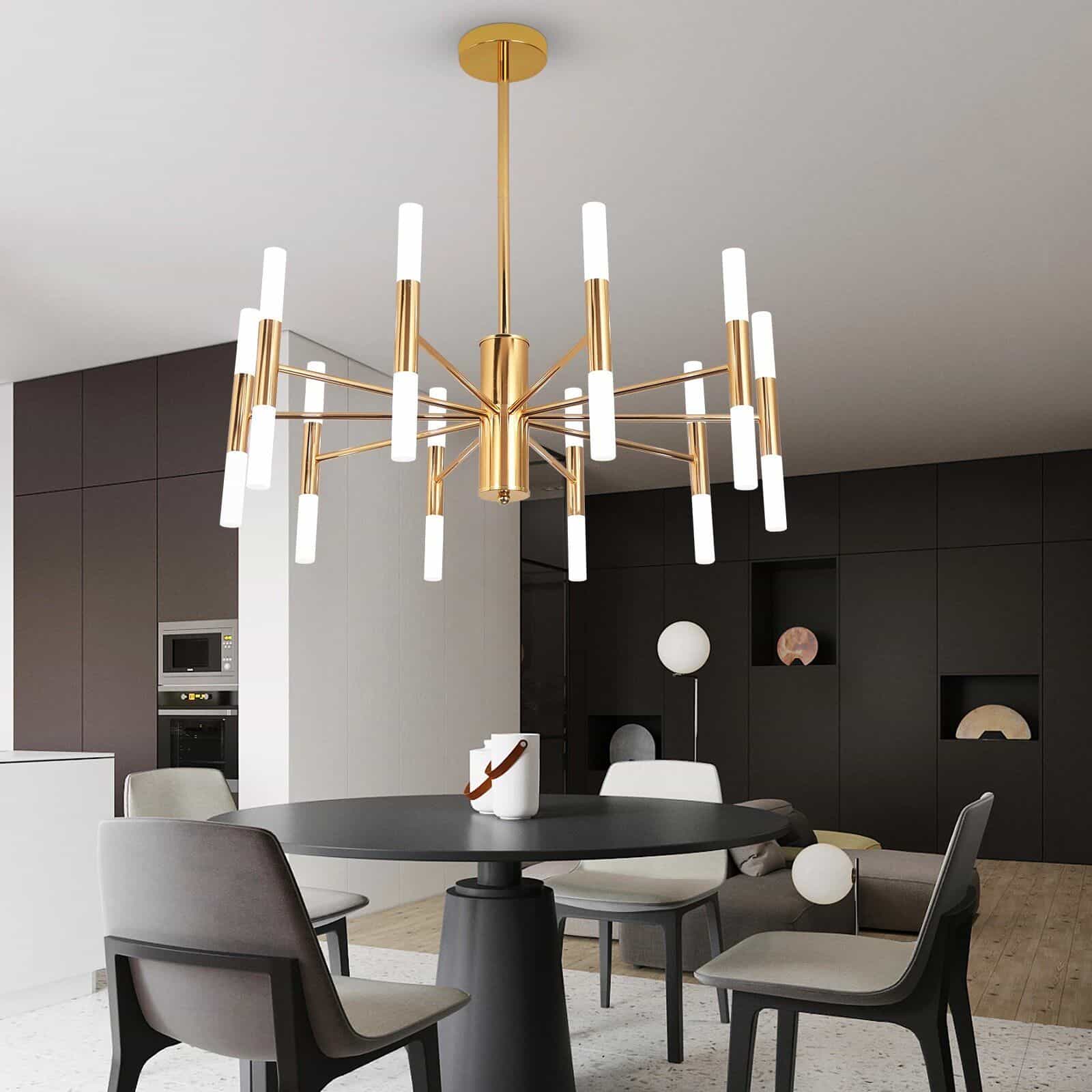 Elegant modern dining room chandelier with gold accents and multiple white light fixtures, perfect for contemporary home interiors.