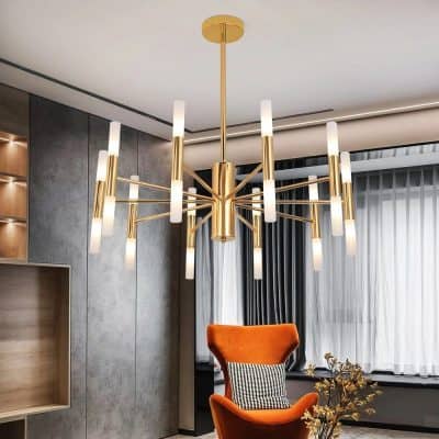 Stylish contemporary chandelier with gold-finished arms and energy-efficient white LEDs, perfect for living rooms or dining areas.