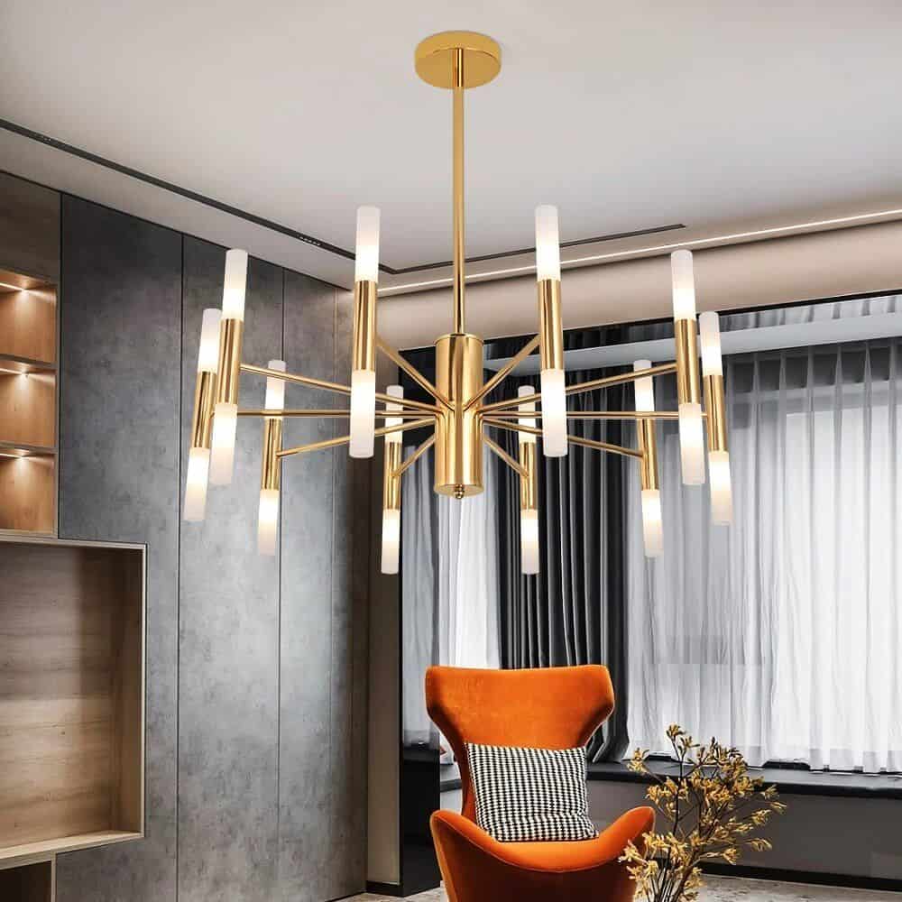 Stylish contemporary chandelier with gold-finished arms and energy-efficient white LEDs, perfect for living rooms or dining areas.