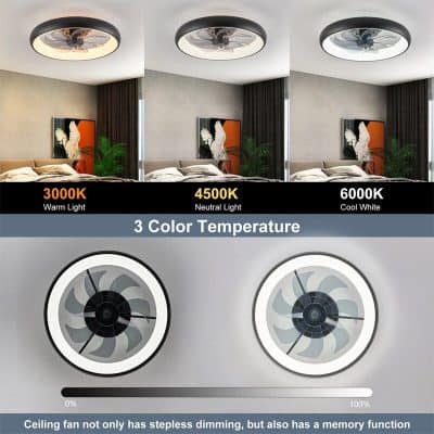 Ceiling fan with stepless dimming and memory function, adjustable to 3000K warm light for cozy ambiance. Ideal for bedroom decor, energy efficiency, and modern lighting control.