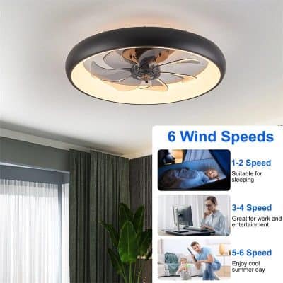 A modern ceiling fan with integrated light and six adjustable wind speeds, ideal for bedrooms or living rooms to enhance airflow and comfort.