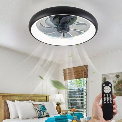 A modern ceiling fan equipped with UV sterilization technology installed in a bedroom. It purifies the air while cooling, ideal for maintaining a clean, healthy environment at home.