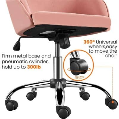 Ergonomic pink swivel chair with firm metal base, pneumatic cylinder, and smooth-rolling casters for easy movement.