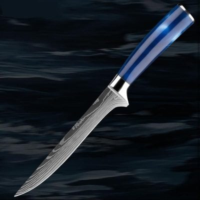 High-quality Damascus kitchen knife with a beautiful patterned blade and blue handle, perfect for professional and home chefs. Durable, sharp, and stylish cookware for precise culinary craftsmanship.