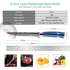 High-quality laser patterned stainless steel kitchen knife for precise cutting of fish, meat, vegetables, and fruits. Durable and ergonomic with a blue resin handle for optimal performance.