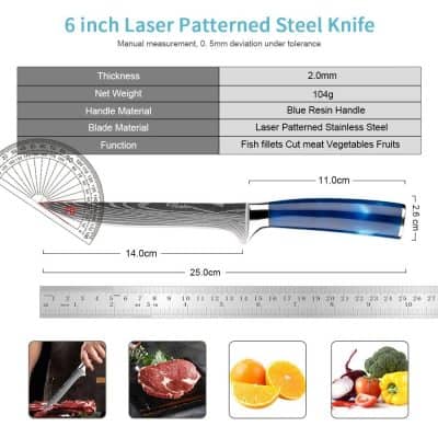 High-quality laser patterned stainless steel kitchen knife for precise cutting of fish, meat, vegetables, and fruits. Durable and ergonomic with a blue resin handle for optimal performance.