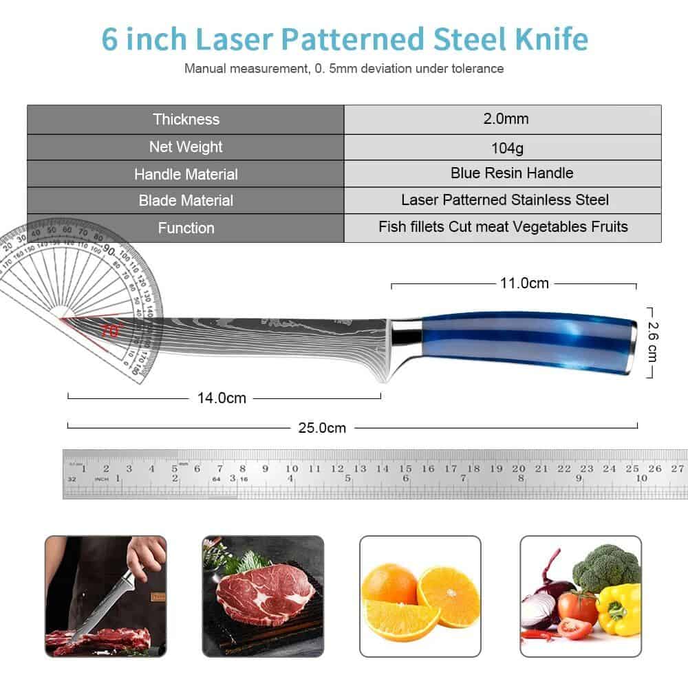 High-quality laser patterned stainless steel kitchen knife for precise cutting of fish, meat, vegetables, and fruits. Durable and ergonomic with a blue resin handle for optimal performance.