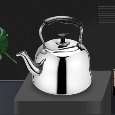 Elegant stainless steel kettle for boiling water, stylish design, durable, perfect for kitchen appliances and coffee brewing needs. High-quality material for longevity.