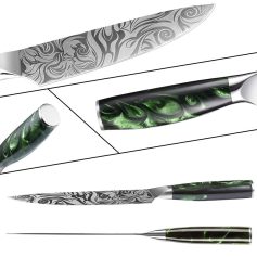 High-quality chef knives with intricate marbled green handles and sharp blades, ideal for professional and home kitchens. Durable and stylish, perfect for culinary enthusiasts.