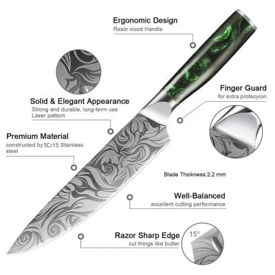 High-quality stainless steel kitchen knife with ergonomic resin wood handle, sharp razor edge, and durable laser pattern for precise cutting. Perfect for home cooking and professional kitchens.
