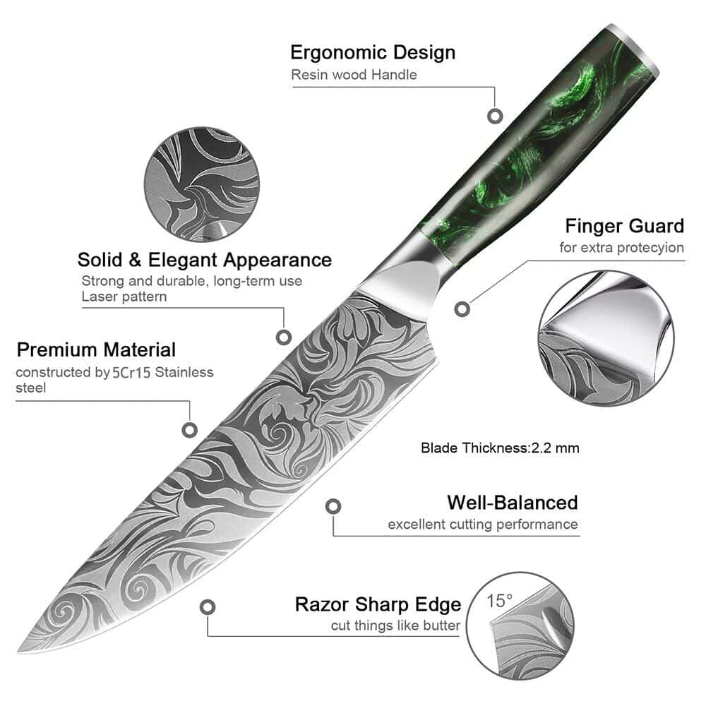 High-quality stainless steel kitchen knife with ergonomic resin wood handle, sharp razor edge, and durable laser pattern for precise cutting. Perfect for home cooking and professional kitchens.