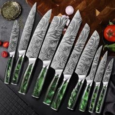 High-quality Damascus steel knives with elegant swirling patterns, perfect for professional chefs and home cooking. Ergonomic green resin handles enhance grip and style.