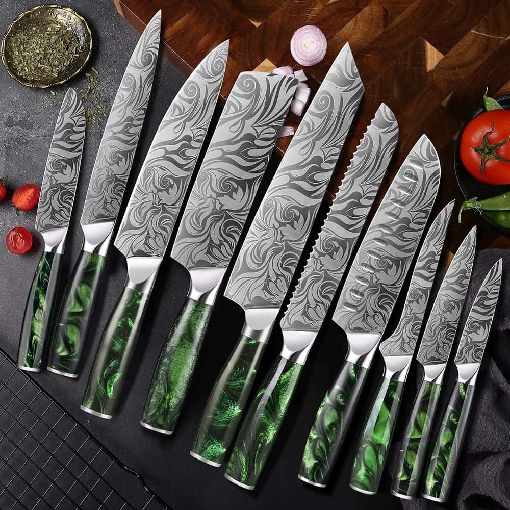 High-quality Damascus steel knives with elegant swirling patterns, perfect for professional chefs and home cooking. Ergonomic green resin handles enhance grip and style.