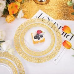 Luxury dessert plate from Monalisa Store with ornate gold design, perfect for upscale events and gatherings, showcasing exquisite tableware and fine dining aesthetics.