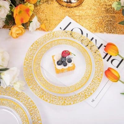Luxury dessert plate from Monalisa Store with ornate gold design, perfect for upscale events and gatherings, showcasing exquisite tableware and fine dining aesthetics.