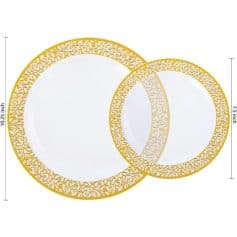 Gold-rimmed decorative plates for dining and display, perfect for special occasions and elegant table settings.
