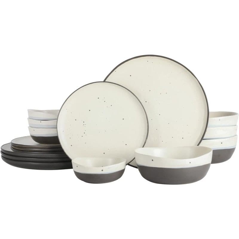 High-quality ceramic dinnerware with a sleek black and white speckled design, suitable for everyday dining or special occasions. These plates and bowls promote a sophisticated table setting, combining durability with contemporary style.