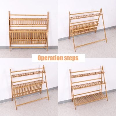 A wooden multi-tier shoe rack with adjustable shelves, perfect for organizing footwear efficiently. Durable bamboo construction with sleek, minimalist design suitable for entryways or closets.
