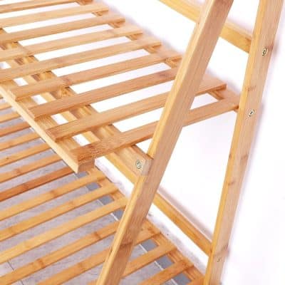 Durable wooden shoe storage rack for organized footwear, ideal for entryways and closets, with sturdy slats and a natural finish.