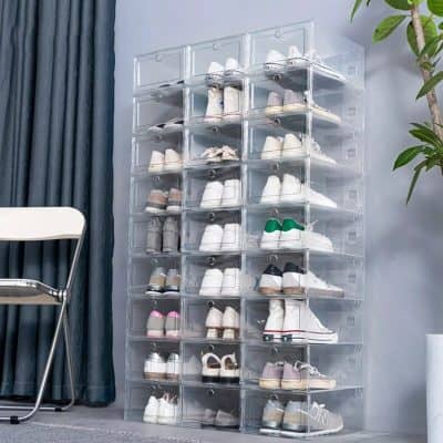 Clear shoe organizer for sneakers and casual shoes.