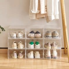 Clear acrylic shoe organizer for sneakers and casual shoes, stylish and space-saving storage solution for shoes.