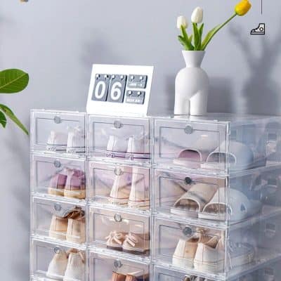 Clear plastic shoe storage drawer cabinet for organizing footwear. Suitable for bedrooms, closets, and entryways. Keeps shoes neatly arranged and easily accessible.