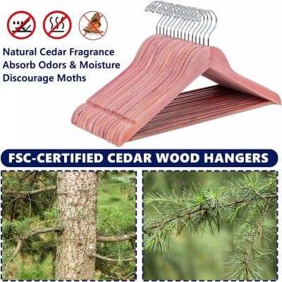 Natural cedar wood hangers ideal for closet organization and clothing storage, made from FSC-certified cedar to ensure quality and eco-friendliness, helps prevent moths and maintain fresh scents.