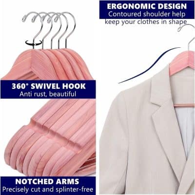 Durable pink wooden hangers with 360° swivel hook, anti-rust, perfect for keeping clothes in shape and organized.