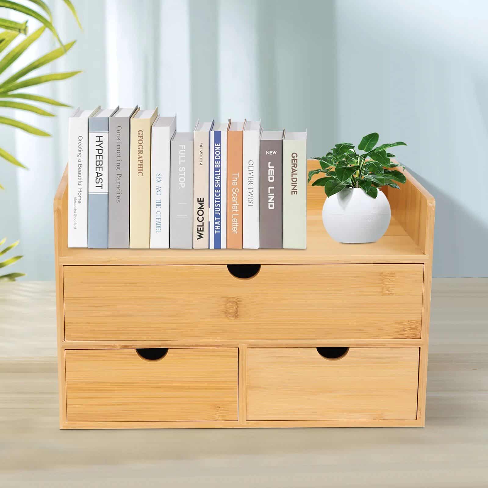 Bright wooden bookshelf with neatly arranged books and a green plant in a white pot, creating a cozy, modern, and organized space perfect for homes or offices.