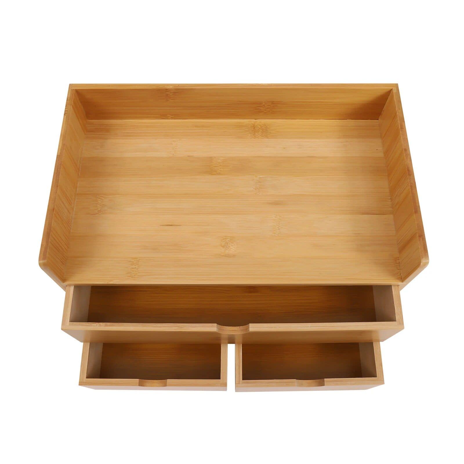 Natural bamboo storage tray with multiple compartments for organizing eyewear, glasses, or accessories. Perfect for opticians and optical shops to display and store eyewear neatly.