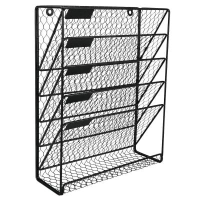 Black metal wire magazine rack with multiple tiers for magazine, document, and mail storage in homes or offices. Durable and stylish storage solution for organization.