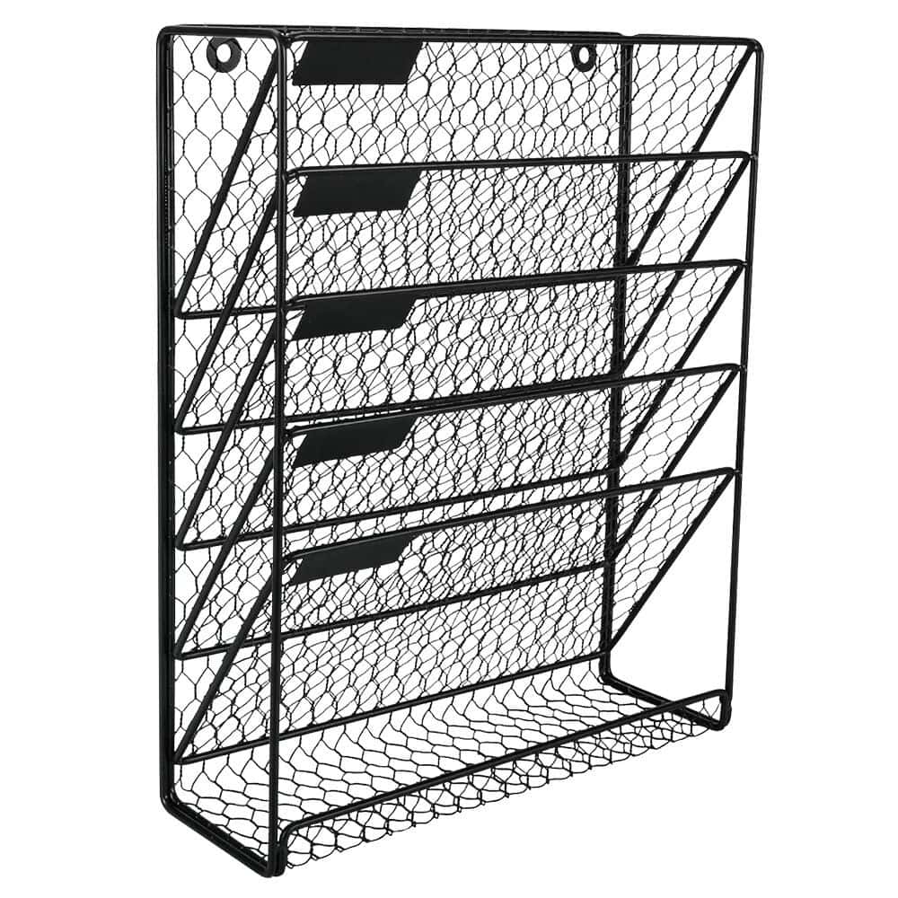 Black metal wire magazine rack with multiple tiers for magazine, document, and mail storage in homes or offices. Durable and stylish storage solution for organization.